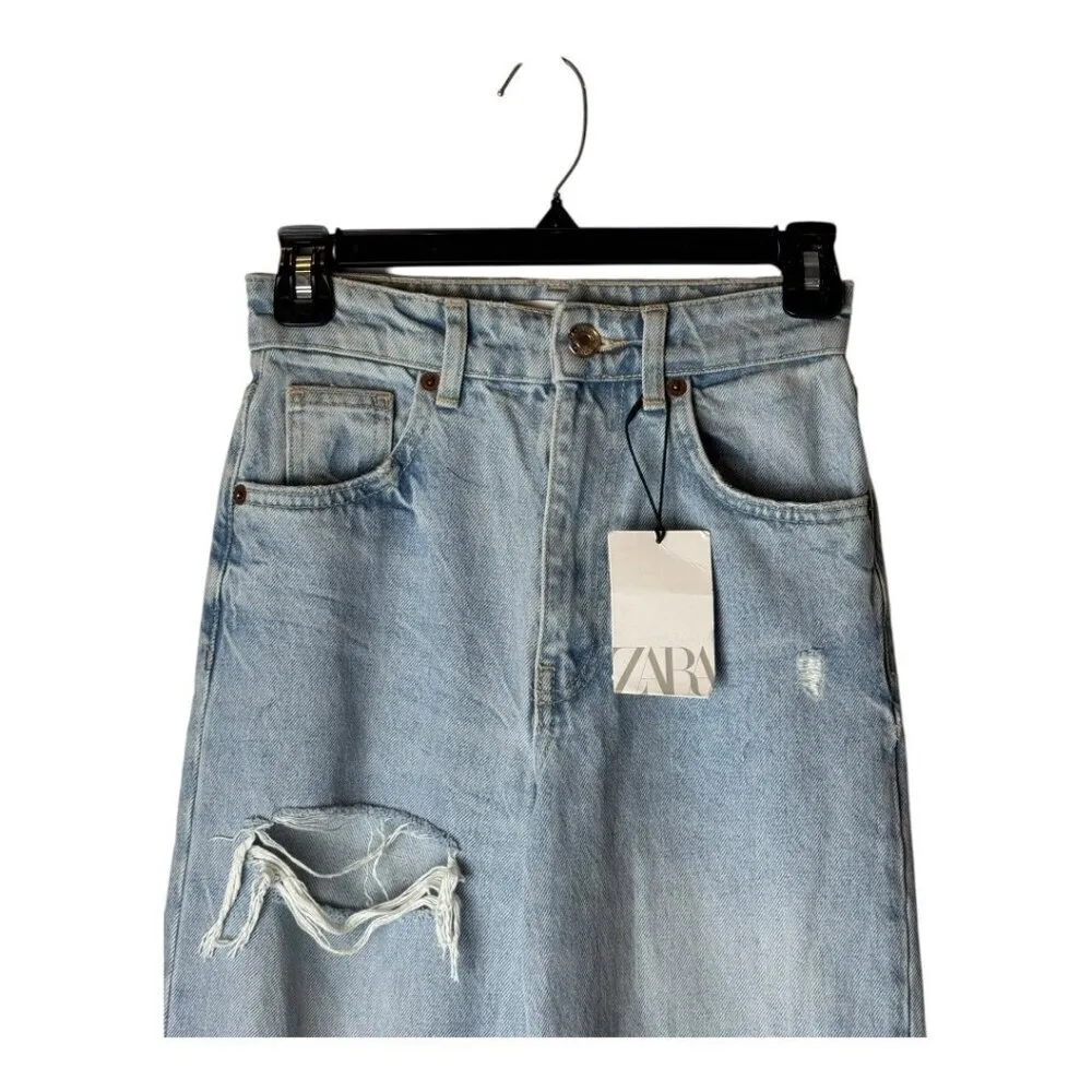 Zara Jeans‎ Women 0 Blue Light Wash Denim Ripped Distressed Wide Leg NWT - Image 4