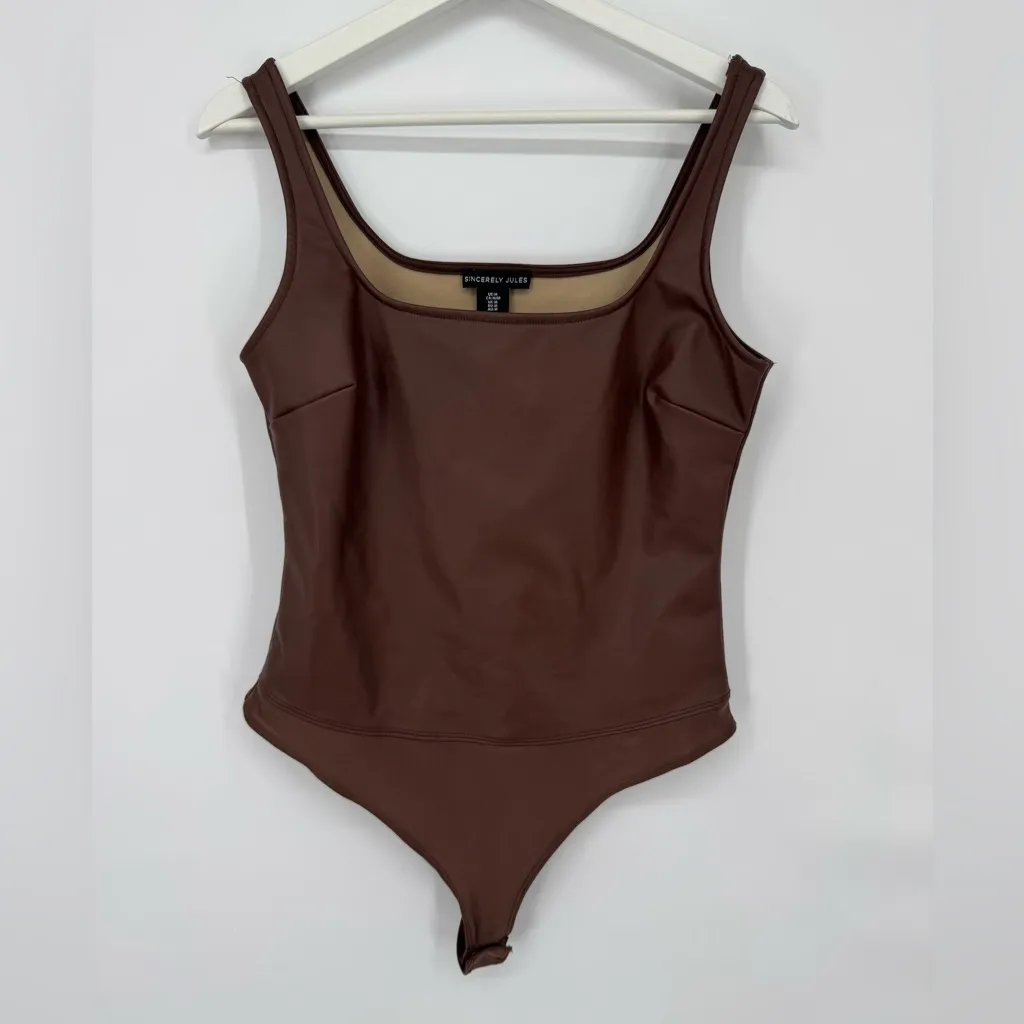 Sincerely Jules Faux‎ Leather Square Neck Bodysuit Medium Brown - Image 6