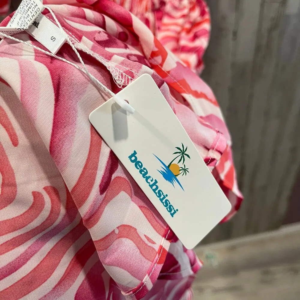 New! Beachsissi Pink Smocked Print Off The Shoulder Midi Dress Womens Size Small - Image 5