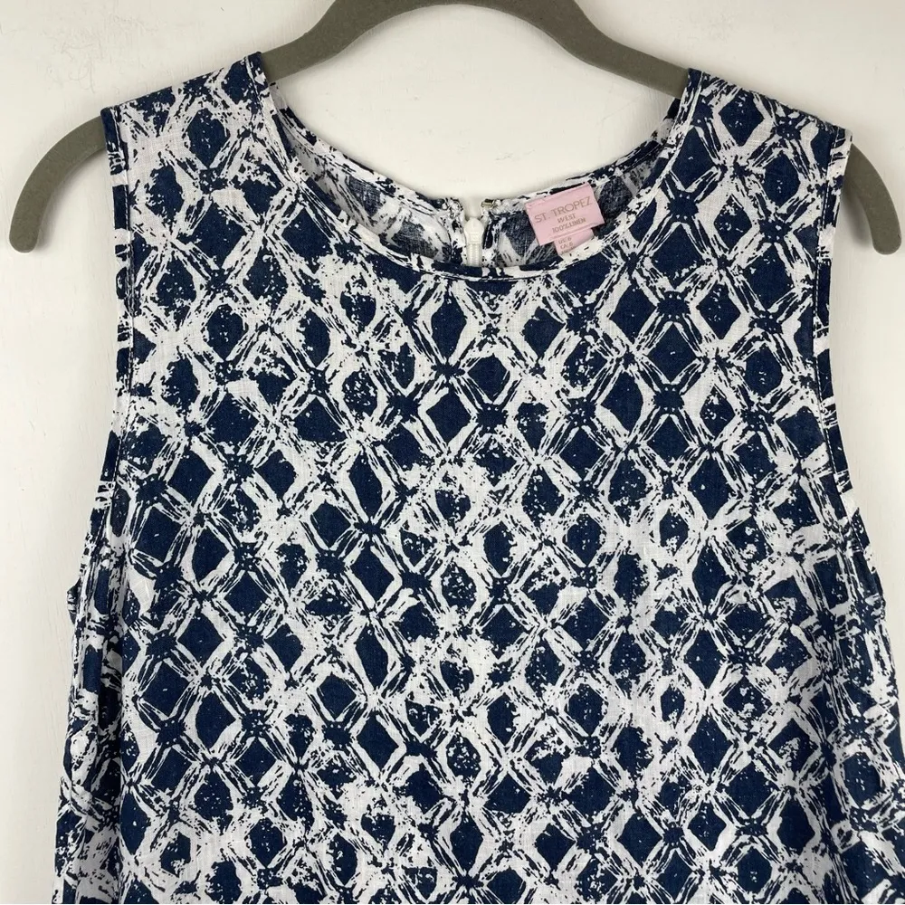 St. Tropez Womens Linen Tunic Tank Dress Sz 6 Blue White Geometric Sleeveless - Image 3