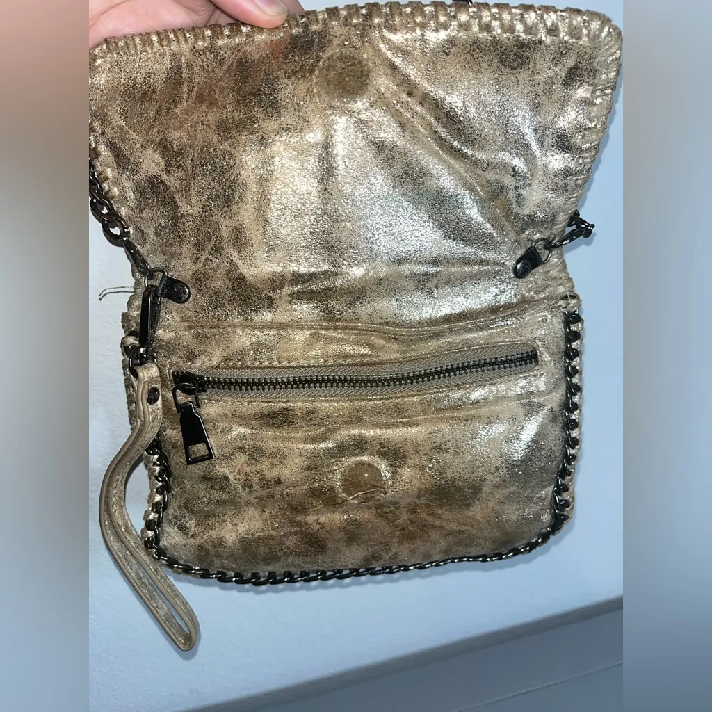 MMS Gold Sparkly Metallic Metal Chain Braided Trim Woven Crossbody Foldover Bag - Image 5