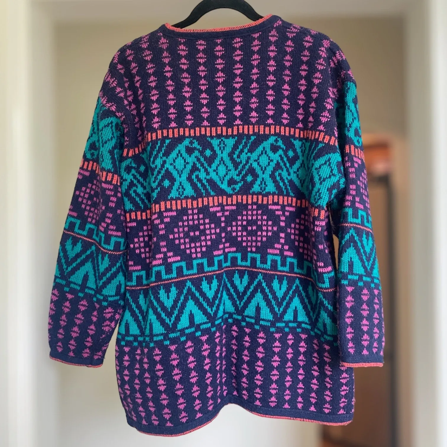 Vintage 80s Chunky Cardigan Sweater Bold Colorful Aztec Patterned Women's M Blue Size M - Image 4