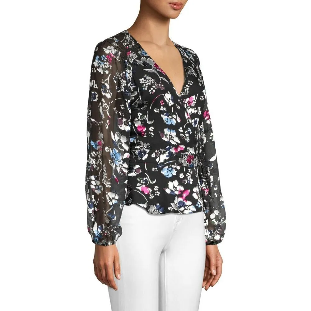 Parker Britta Long Sleeve Wrap Front Tie Blouse in Black Large New Womens Floral - Image 13