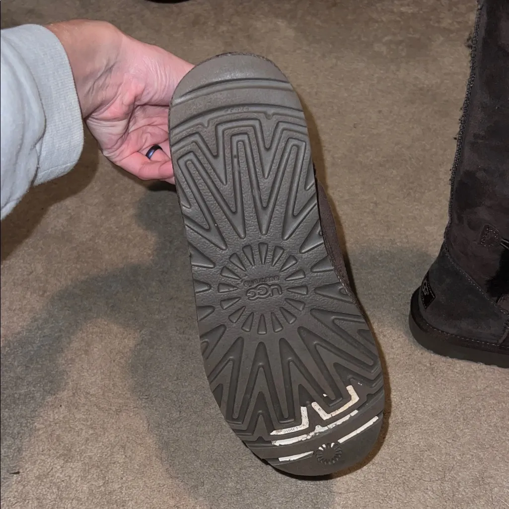 UGG Dark Brown Suede Boots with Fur Trim and buttons - Image 5