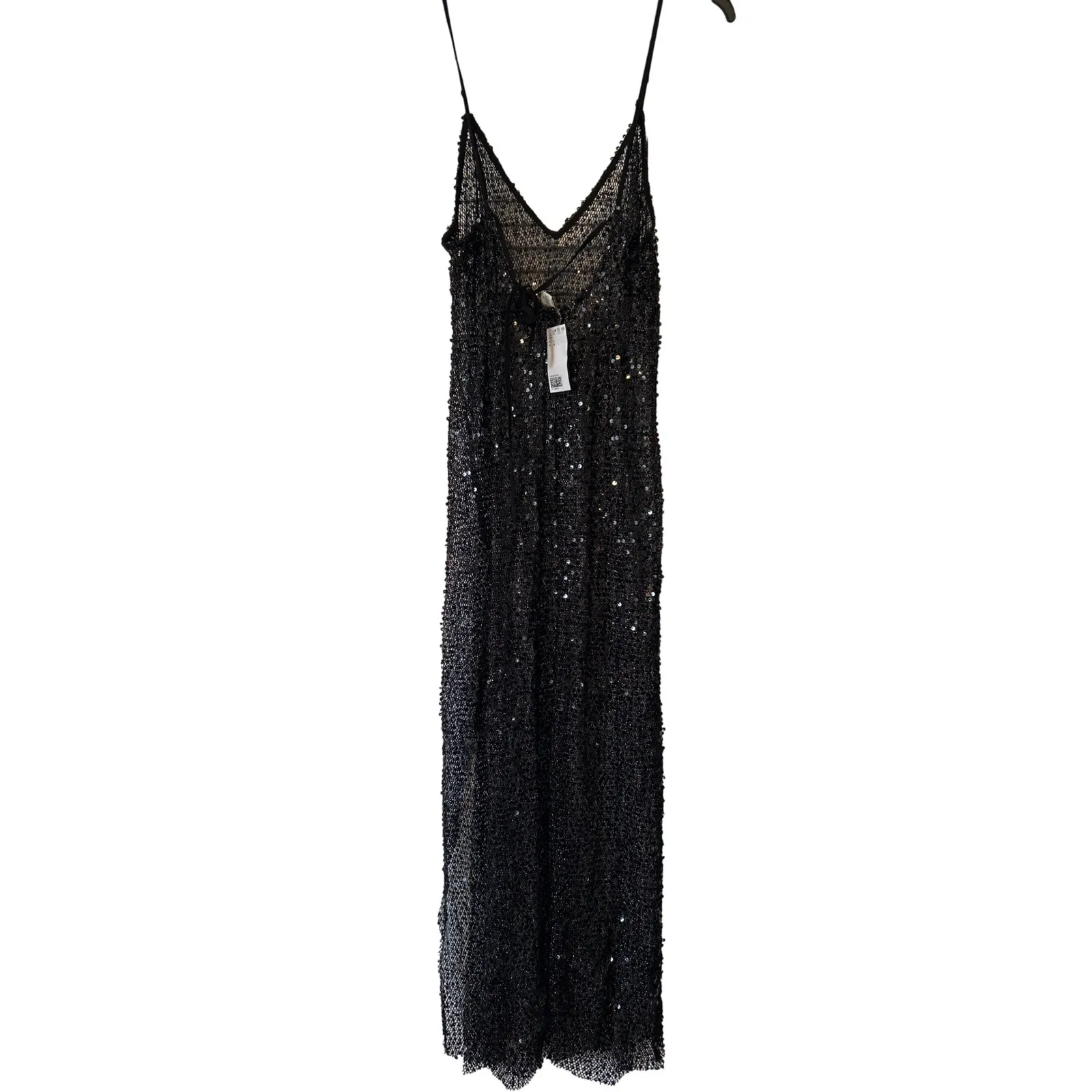 H&M Black Shear Sequin Spaghetti Strap Maxi Slip Dress Cover Up Size L Fishnet - Image 3
