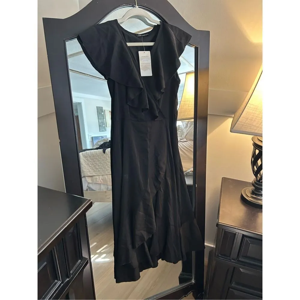 NEW Black Wrap Midi Deep V Neck Ruffle Hem Split S - Image 5