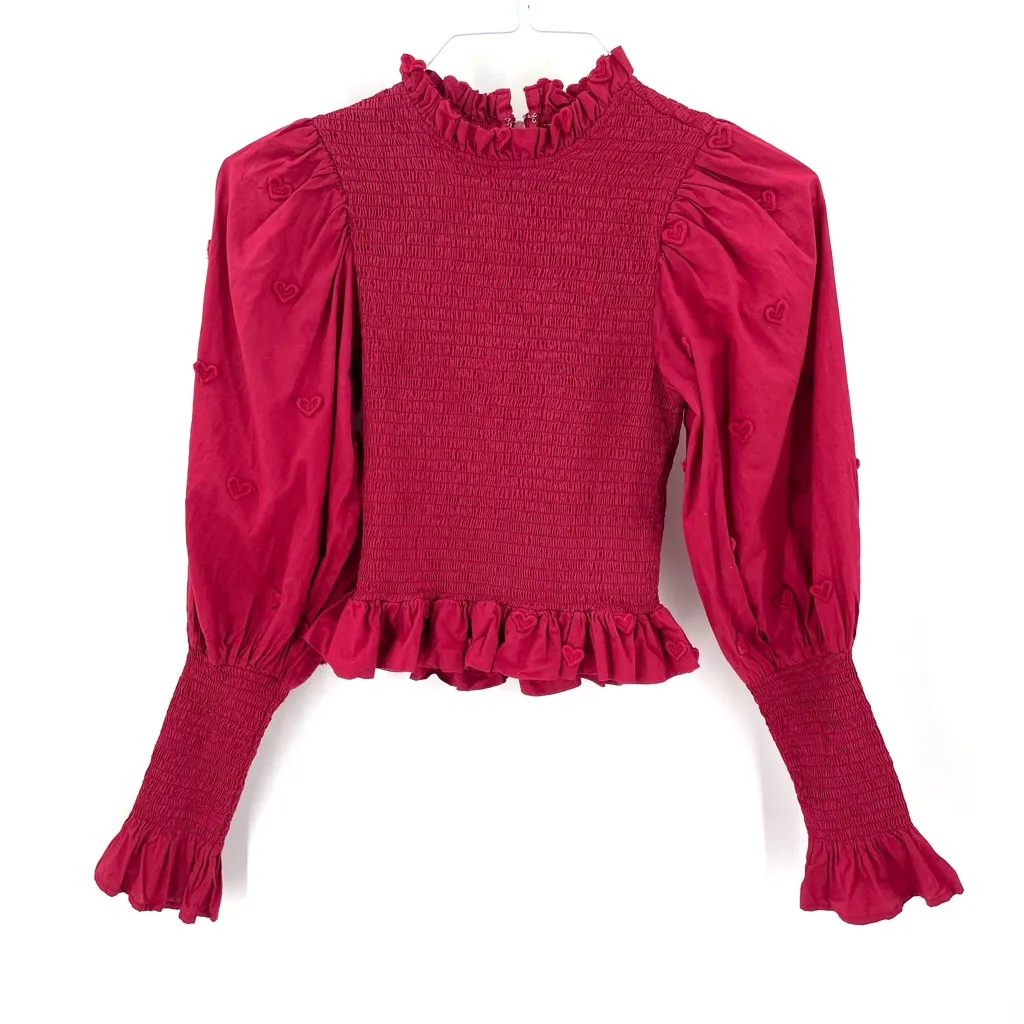 FARM RIO 3D Heart Red Smocked Classy Coquette Fitted Balloon Sleeve Blouse Top - Image 2