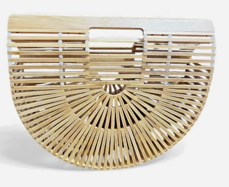 Bamboo Half Moon Arc Handbag Wooden Summer Retro Woven Summer Beach Purse EUC Brown - Image 1