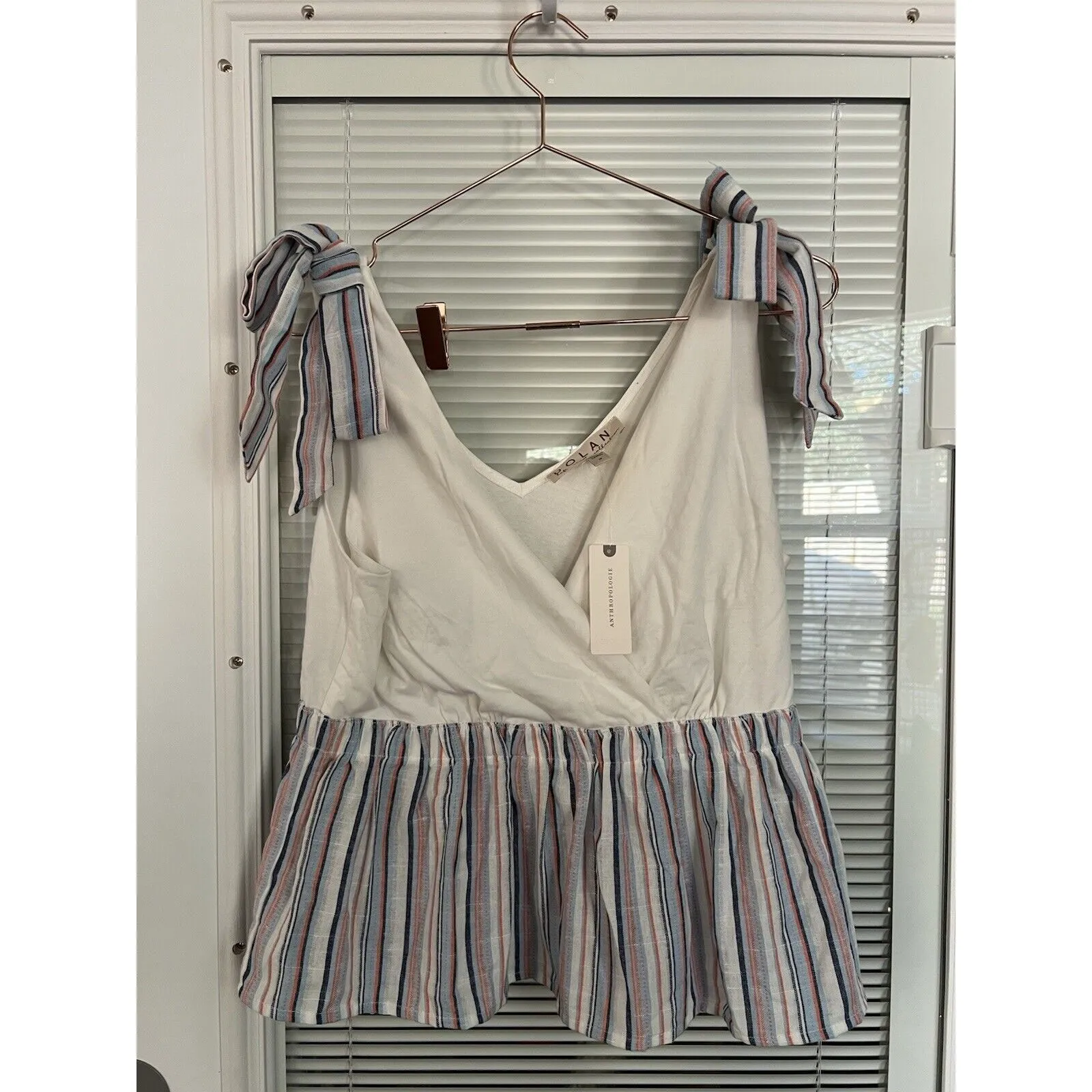 Anthropologie Dolan Peplum Striped V-Neck Sleeveless Tie Tank Size M - Image 5