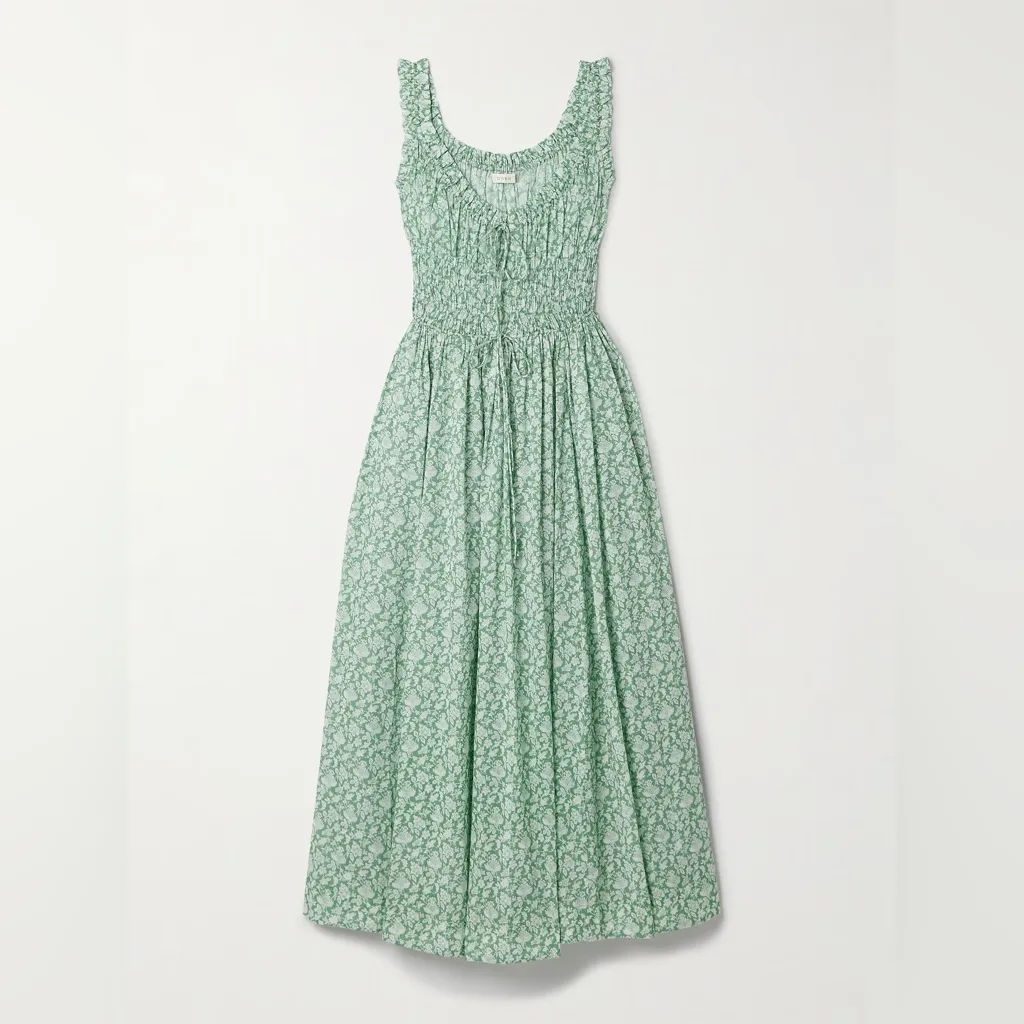 Doen Emmaretta Dress Maxi Cotton Smocked Floral Green Peridot Tea Medium EUC - Image 7