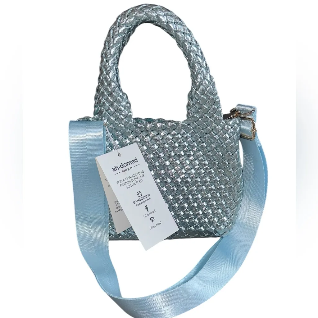 NWT AHDORNED MINI WOVEN BAGS IN BLUE METALLIC - Image 3