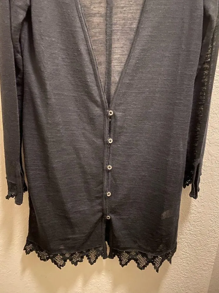 Free People Black Sheer Lace Detail Long Line V-Neck Button Down Cardigan Size M - Image 3