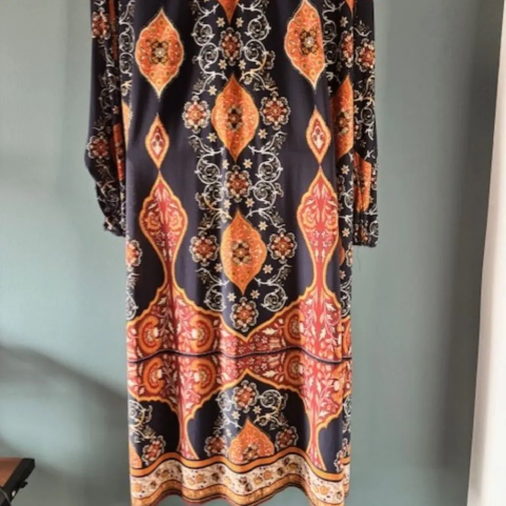Enfocus Studio Midi Dress Womens Size 18W Navy Orange Tassel Paisley Floral Boho - Image 3