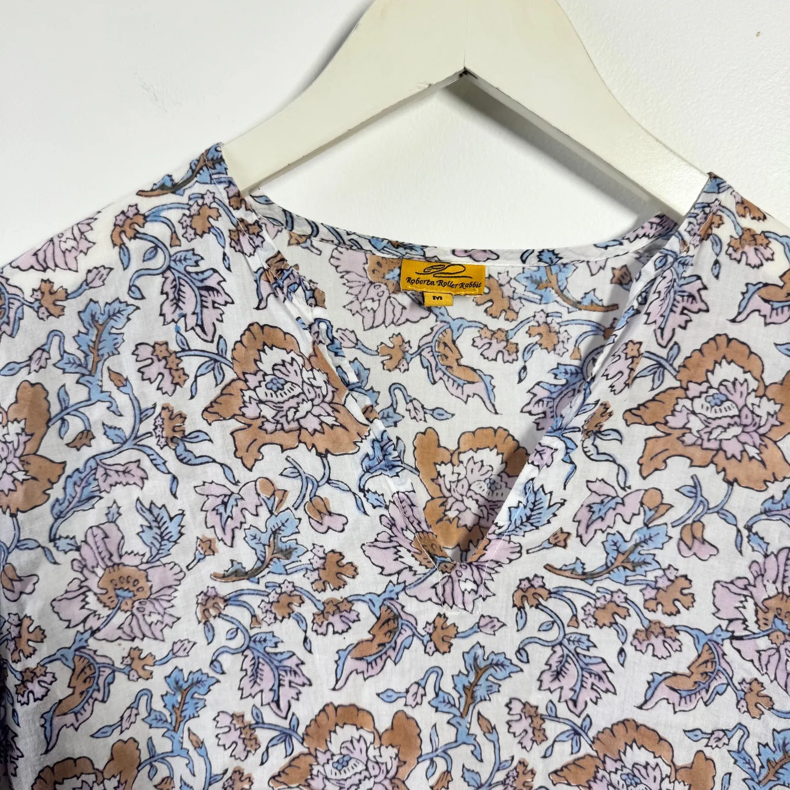 Roberta Roller Rabbit Top Women M White Blue Floral Tunic 3/4 Sleeve 100% Cotton - Image 5