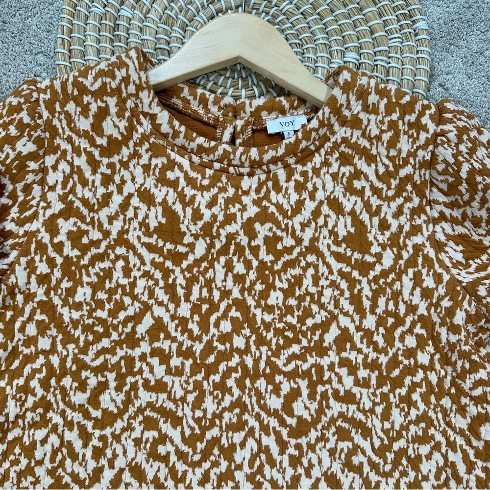 NWT VOY Women’s 3/4 Balloon Sleeve Printed Crop Top Boho in Orange White S - Image 2