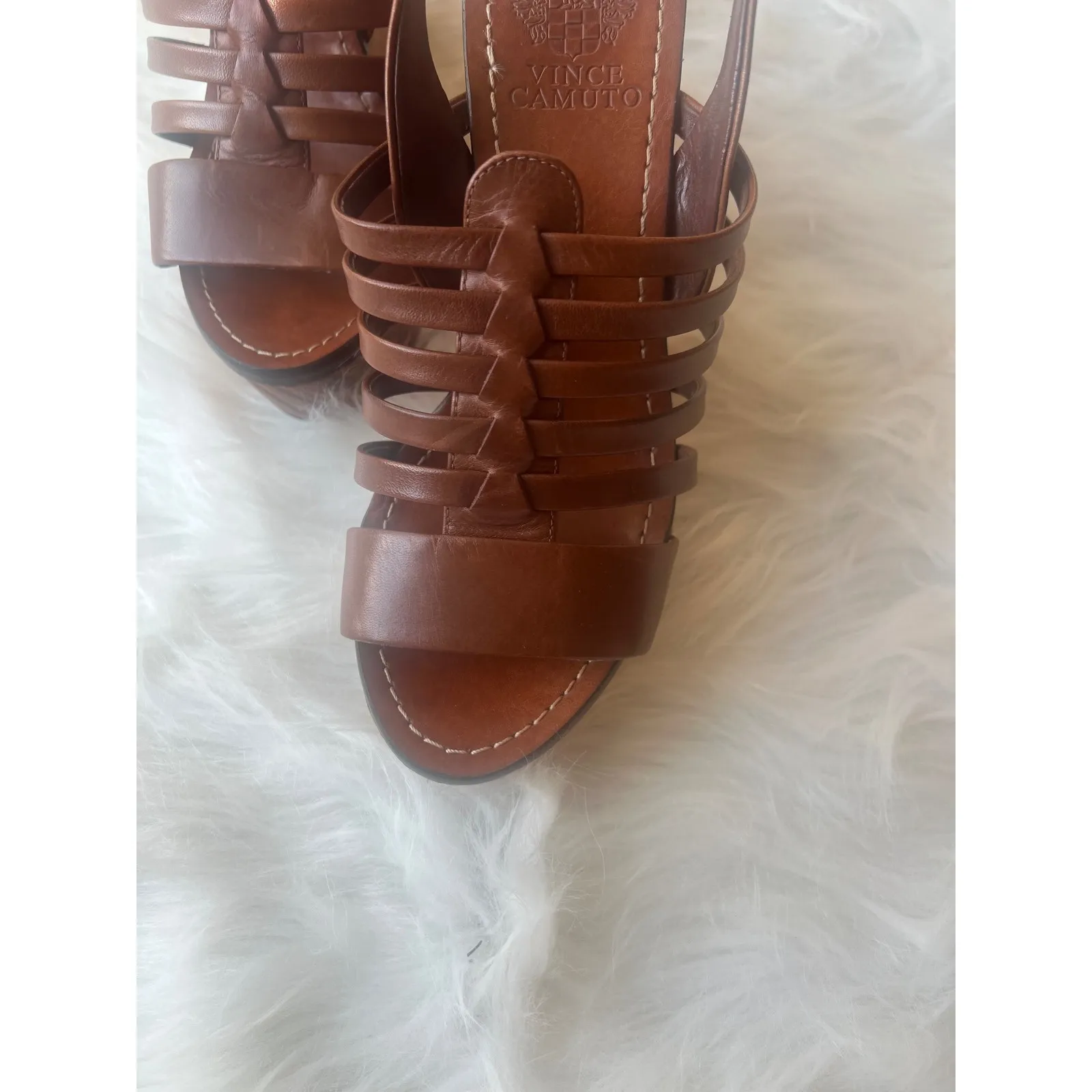 Vince Camuto Platform Wedge  Woman's Sandals Brown Leather Strappy‎ Heel Shoes - Image 5