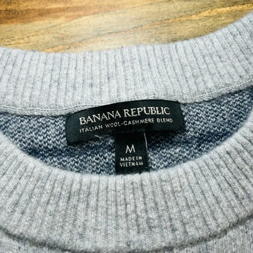 Banana Republic Wool Cashmere Sweater Crewneck Gray Navy Checked Plaid Medium - Image 4