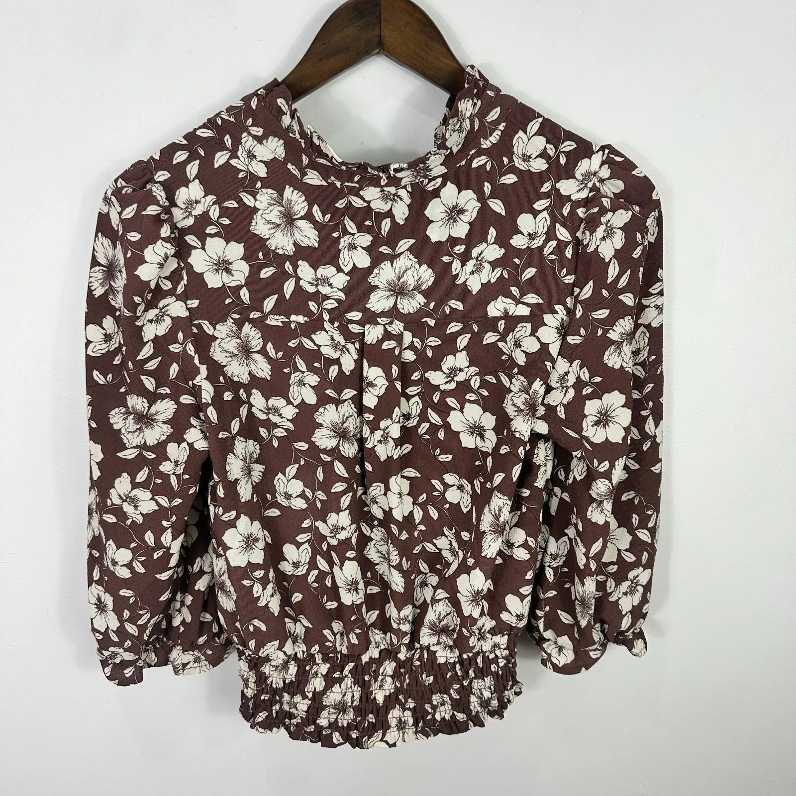 Monteau Blouse M Brown Floral Faux Wrap Cottagecore Dark Romantic Feminine Top - Image 6