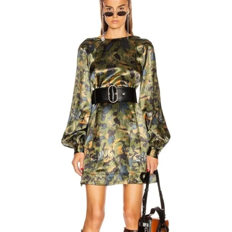 Ganni Satin Green Camo Print Long Sleeve A-Line Mini Dress - Image 2