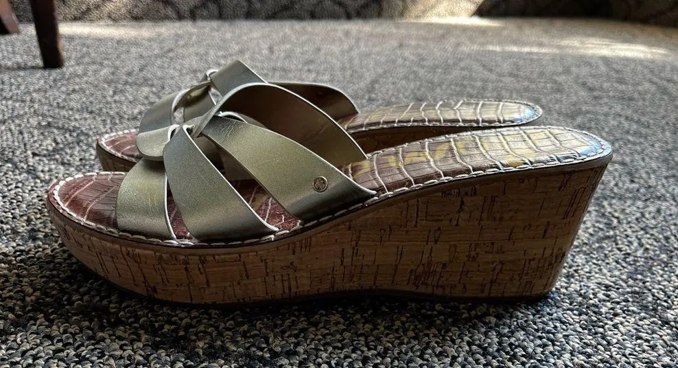 Sam Edelman Raynere Sandals - Cork Wedge Platform Gold Metallic Leather Slide - Image 2