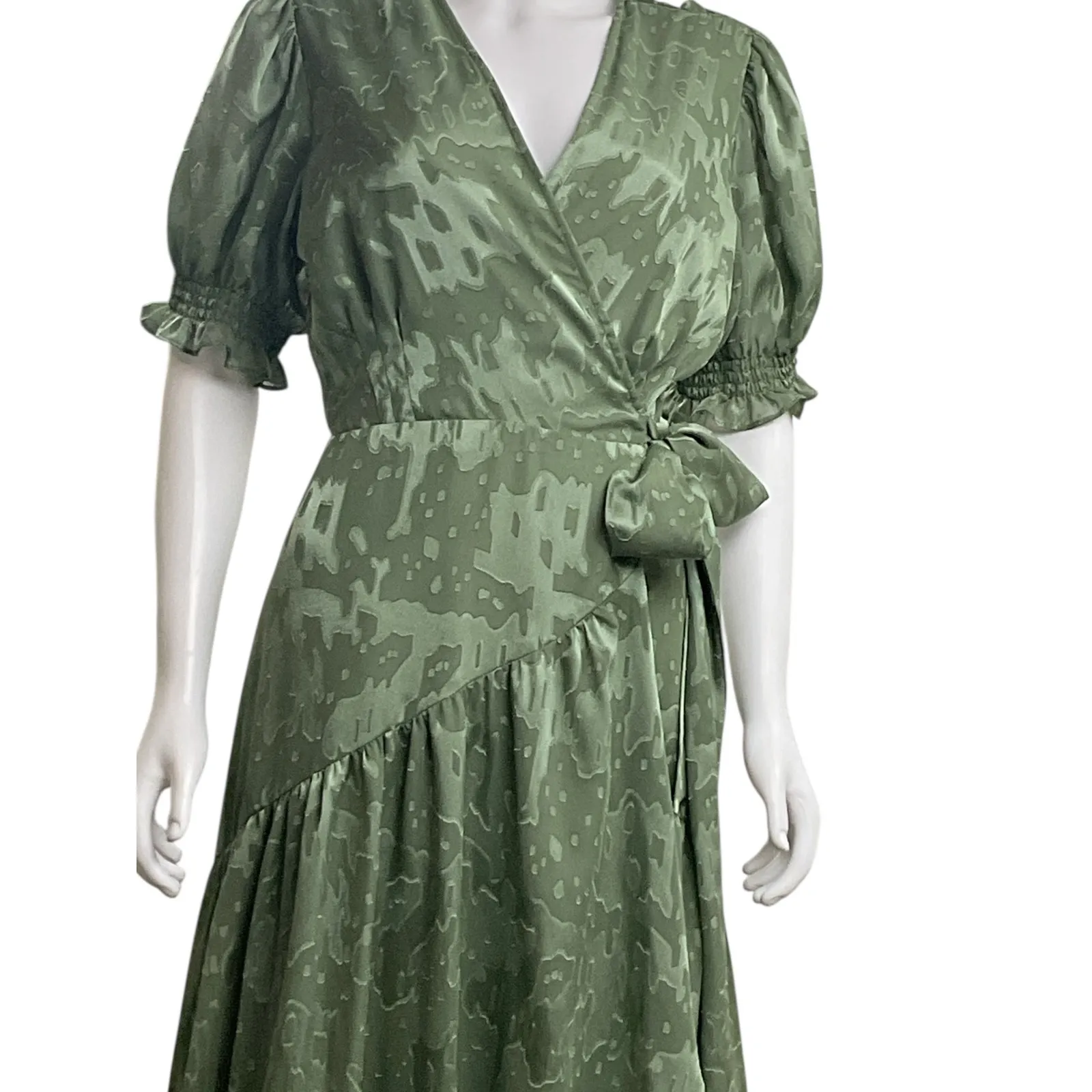 Hutch‎ Olive Green Floral Jacquard Wrap Maxi Dress Puff Sleeve Party Cocktail 10 - Image 4