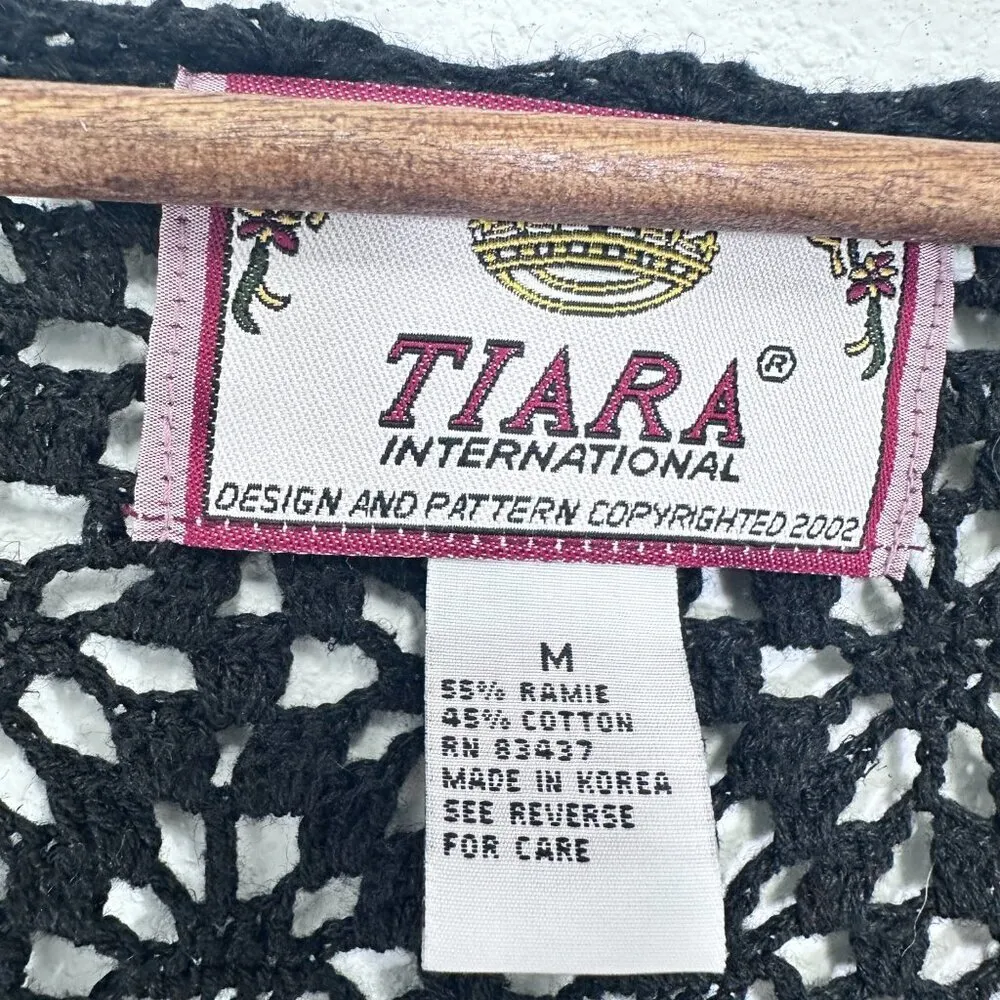 Tiara Crochet Knit Longline Beachy Witchy Feminie Fringe Boho Cardigan Women's M Black Size M - Image 6