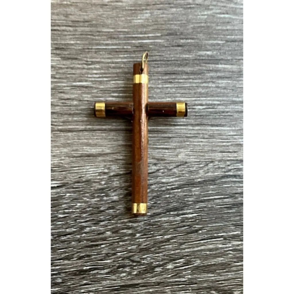 Vintage Wood Crucifix Cross Jesus Pendant Necklace Religious Gold Tone Brown - Image 5