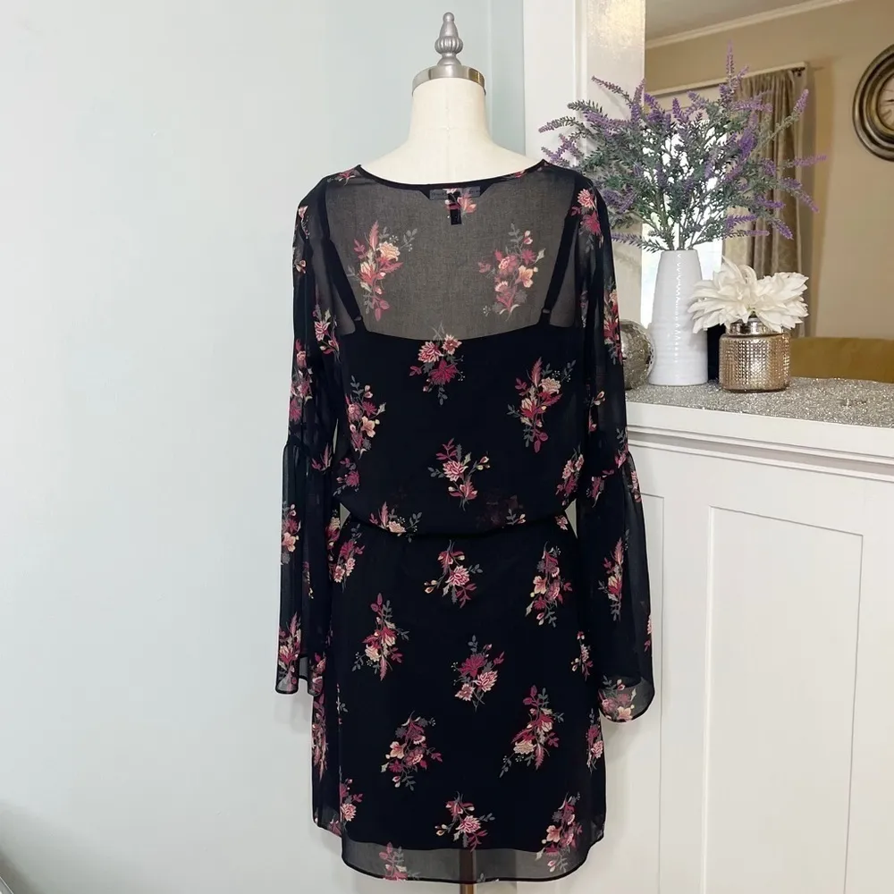 White House Black Market Bell Sleeve Floral Print Dress Black & Pink Size Small - Image 7