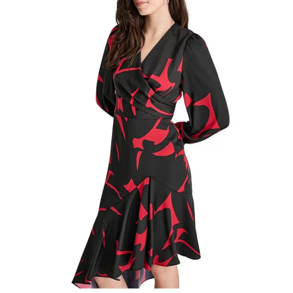 NWT DKNY Surplice V-Neck Long Balloon Sleeve Asymmetrical Hem Dress - Image 6