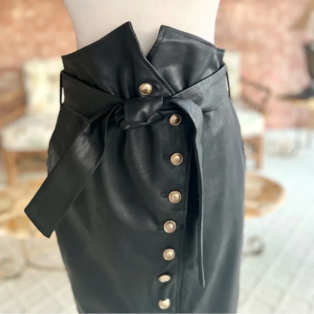 Bardot Black Faux Leather Tie Waist Pencil Skirt NWT 6 - Image 5