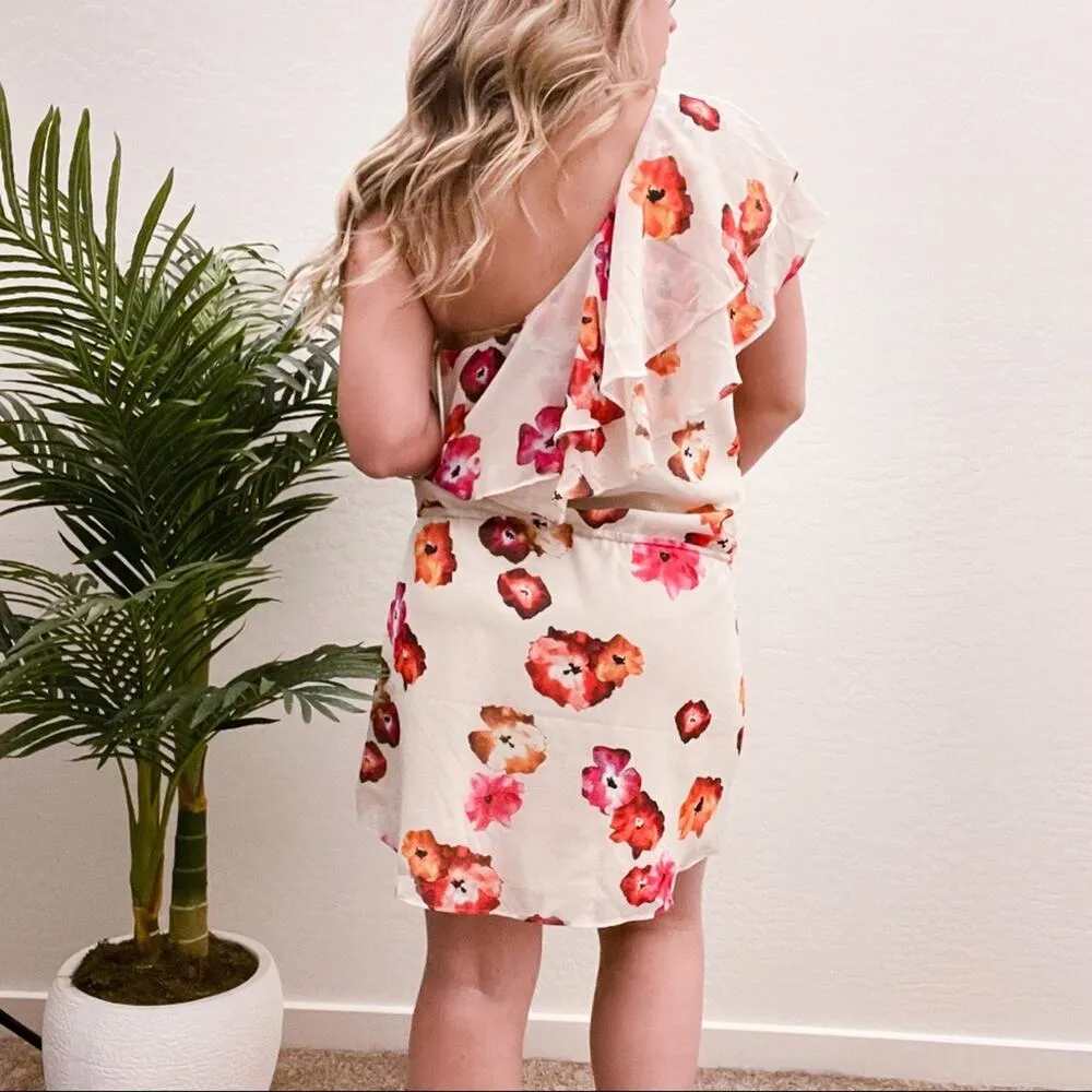 Haute Hippie Floral One Shoulder Dress Ruffle L - Image 3
