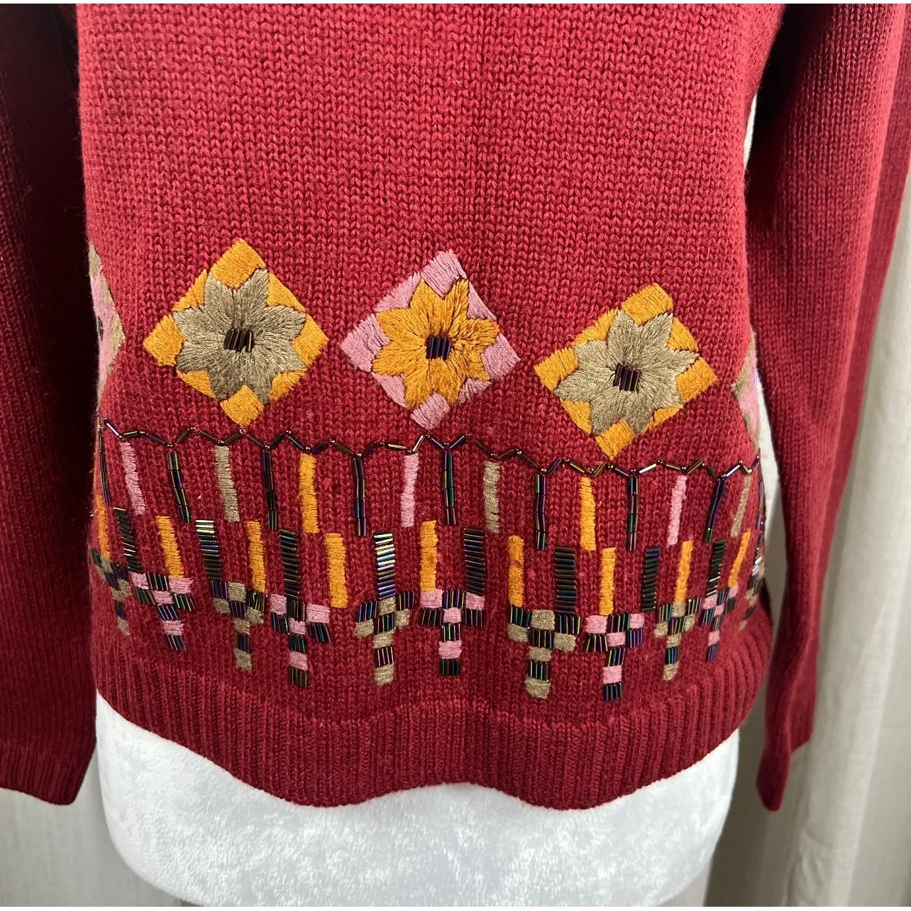 Elina Createur Embroidered Beaded Wool Knit Mock Neck Sweater Red Size undefined - Image 5