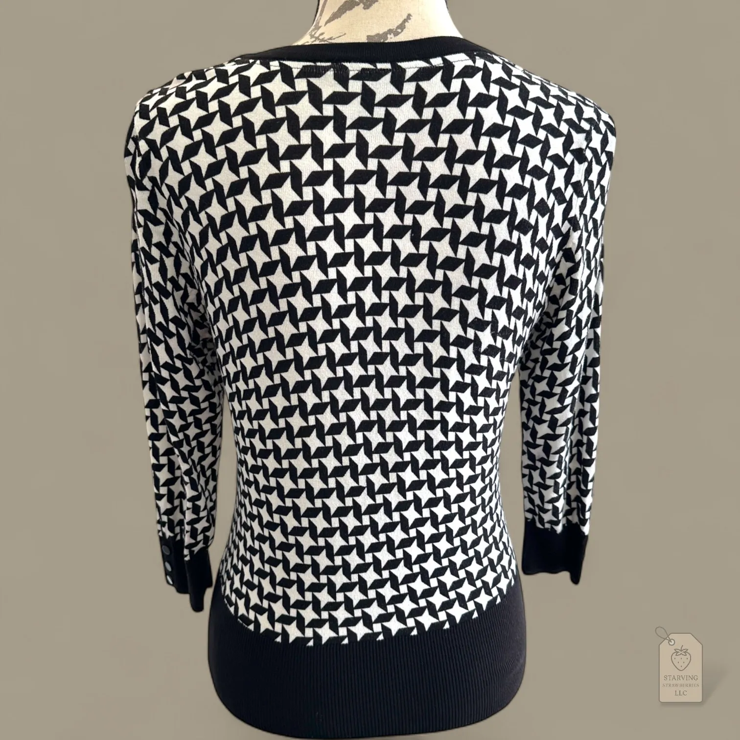 White House Black Market Sweater Small Black White Geometric Button Up - Image 4
