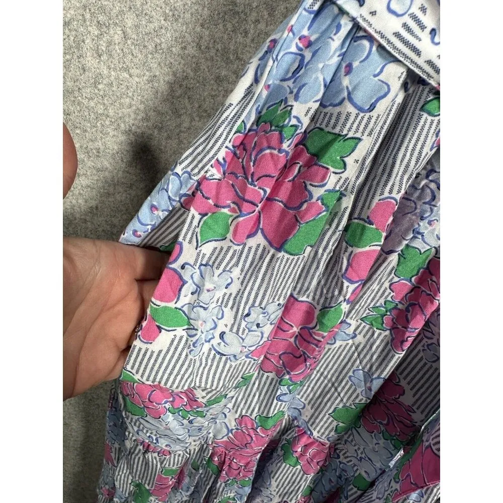 Crown & Ivy Midi Dress Size 2 Womens Floral Pink Blue Striped Frilly Ruffle - Image 8