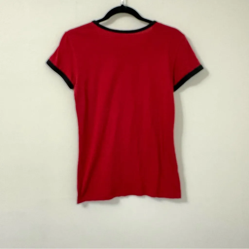 GUESS Red White Rhinestone Logo Short Sleeve Cotton T-Shirt Sz M - Image 3