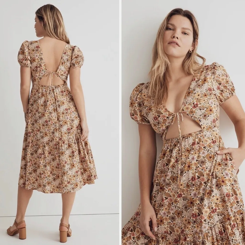 Madewell Puff Sleeve Open Tie Back Front Reversible Midi Dress Flora Field Sz 2 - Image 2