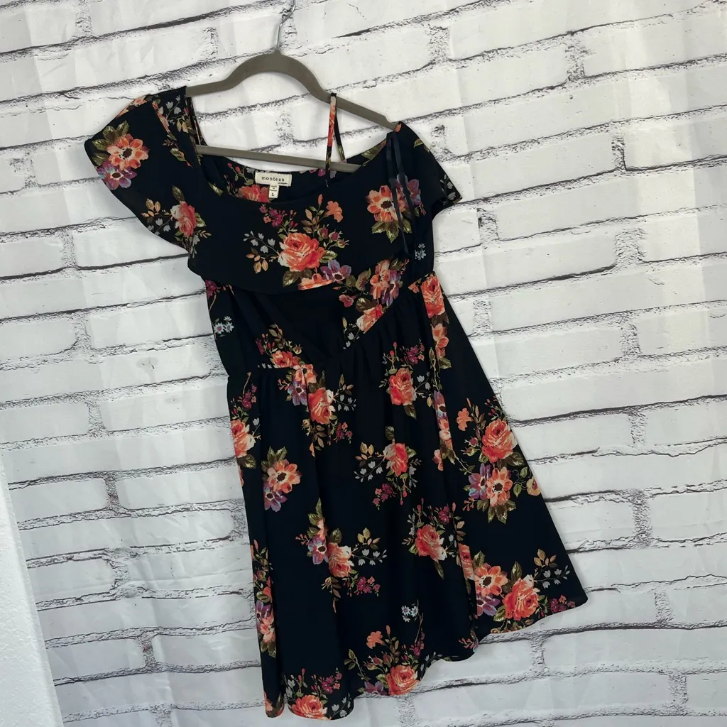 Monteau Black Floral Fit & Flare Mini Dress Women’s Large Short Sleeve Orange - Image 8