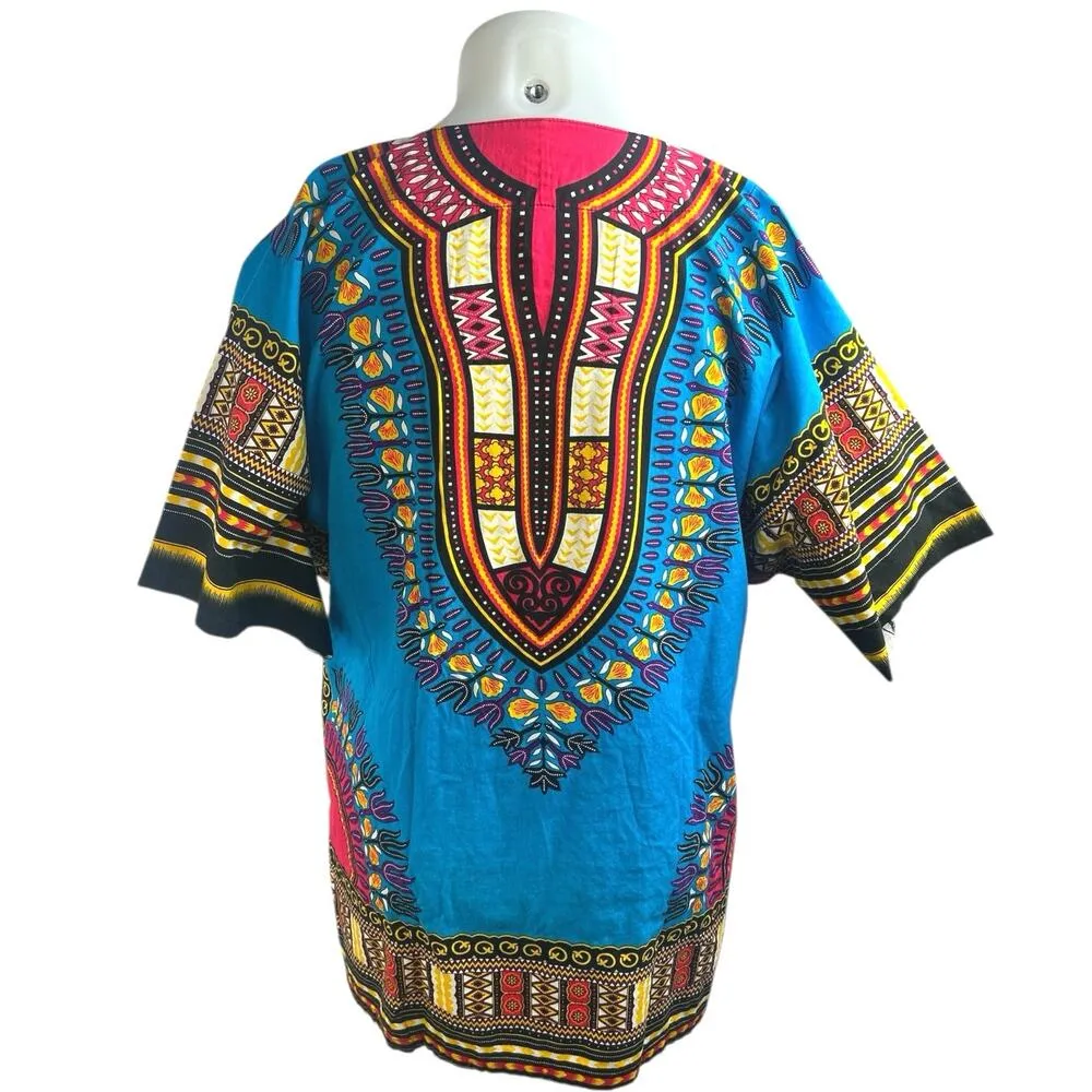 Unisex Multicolor Short Sleeve African Dashiki Tribal Caftan Boho Shirt Top L Blue Size L - Image 2