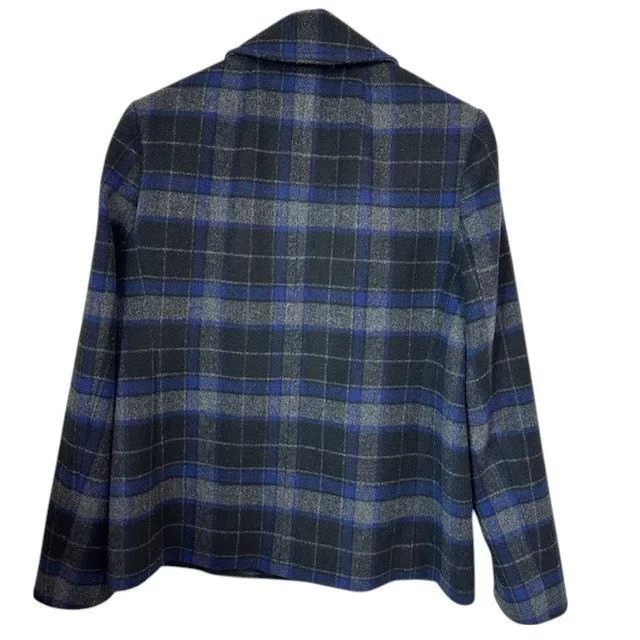 J.Crew Plaid‎ Wool Blend Double Breasted Pea Coat Jacket Blue Gray Size 6 - Image 4