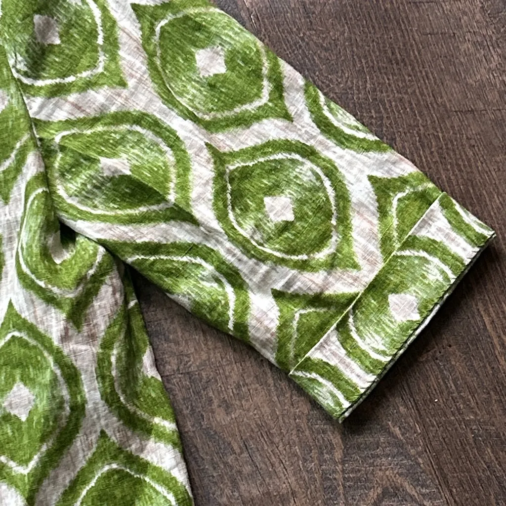 Chico's ‎ Green Ikat Printed Linen Blazer Jacket One Button Front Pockets Size 2 L - Image 3