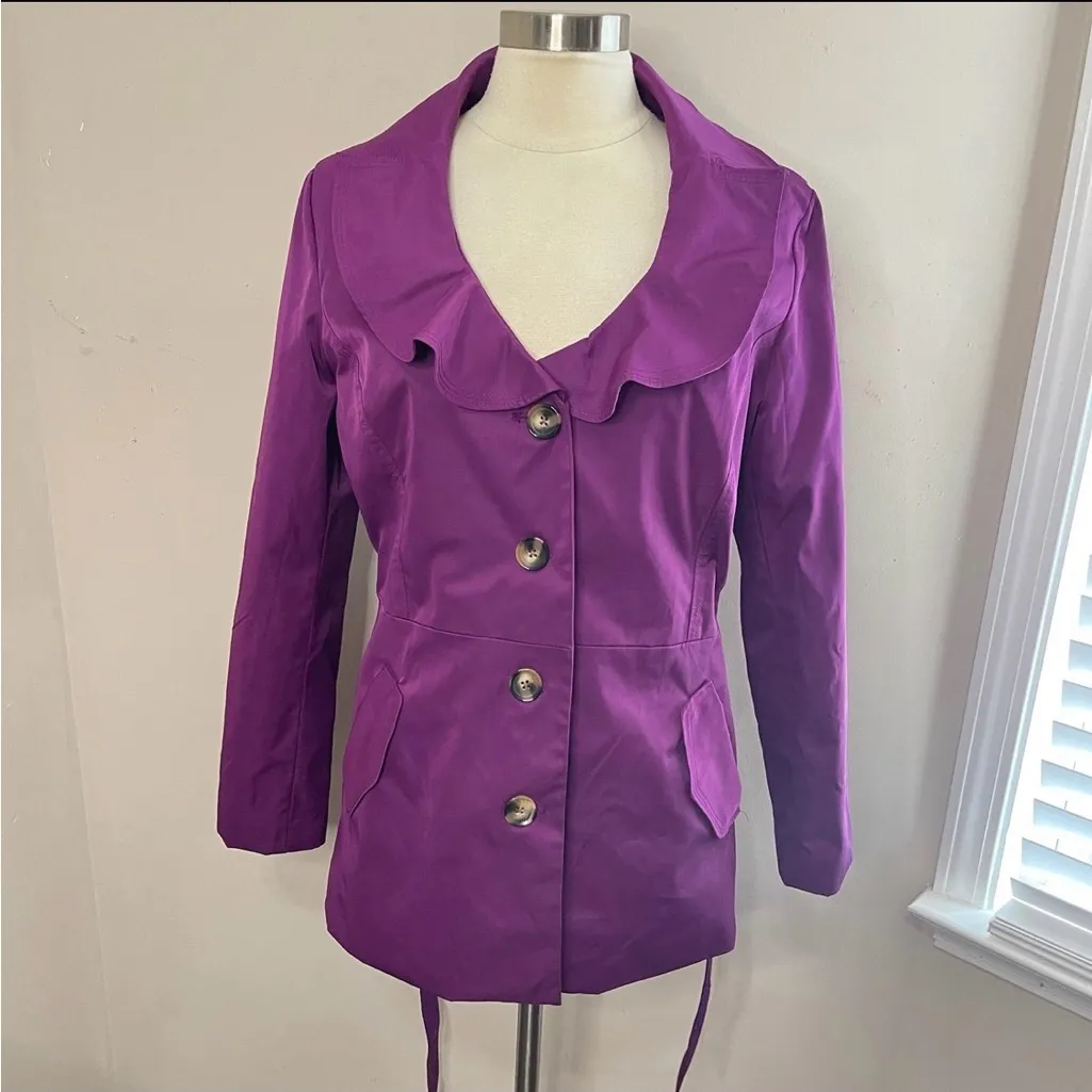 SANDRO STUDIO Purple Ruffle Trim All-Weather Lightweight Jacket Tie Belt, Large - Image 2