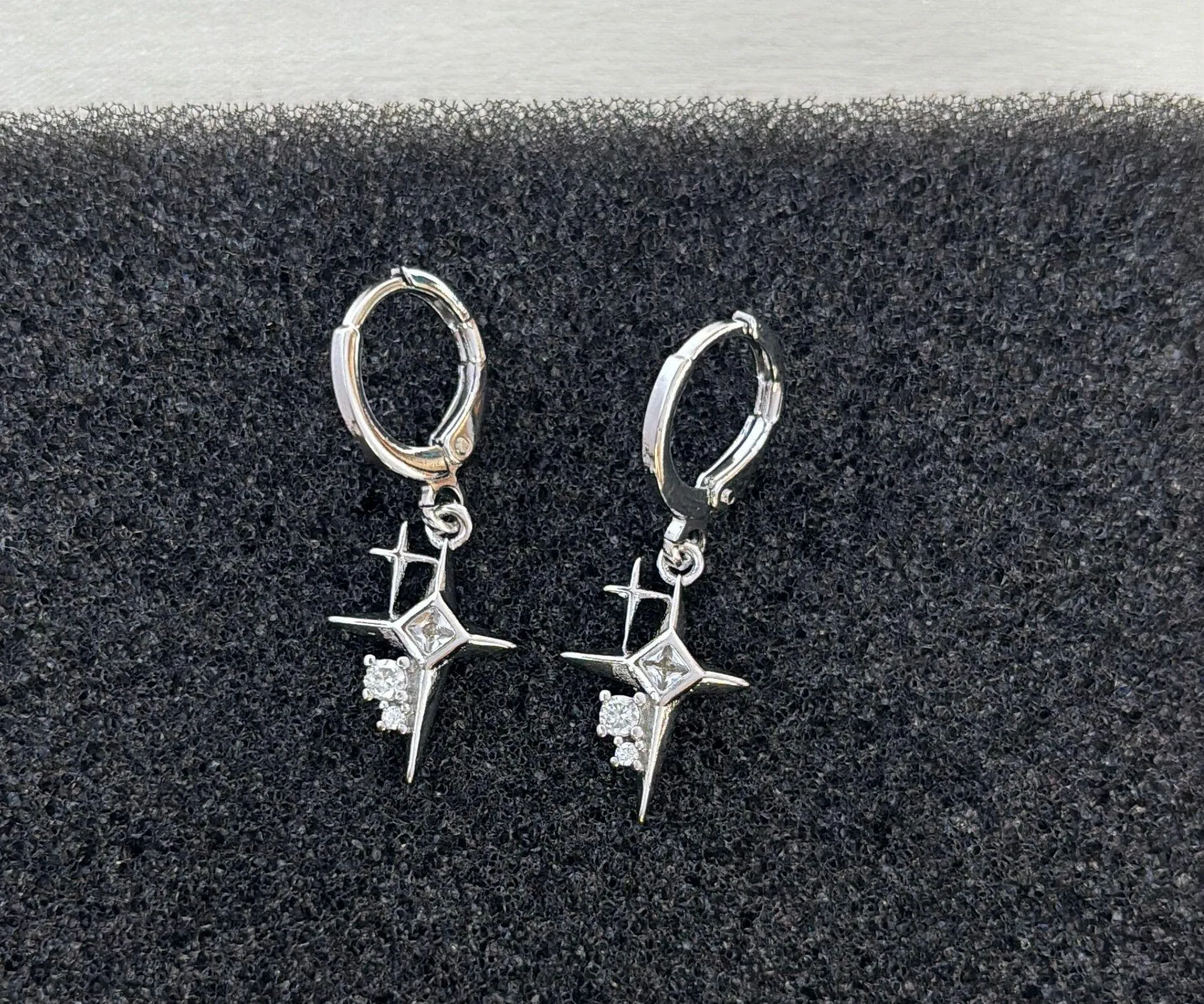 CZ Star Dangle Drop Earrings for Men Women,Streetwear Hip Hop Unisex Earrings Silver - Image 3