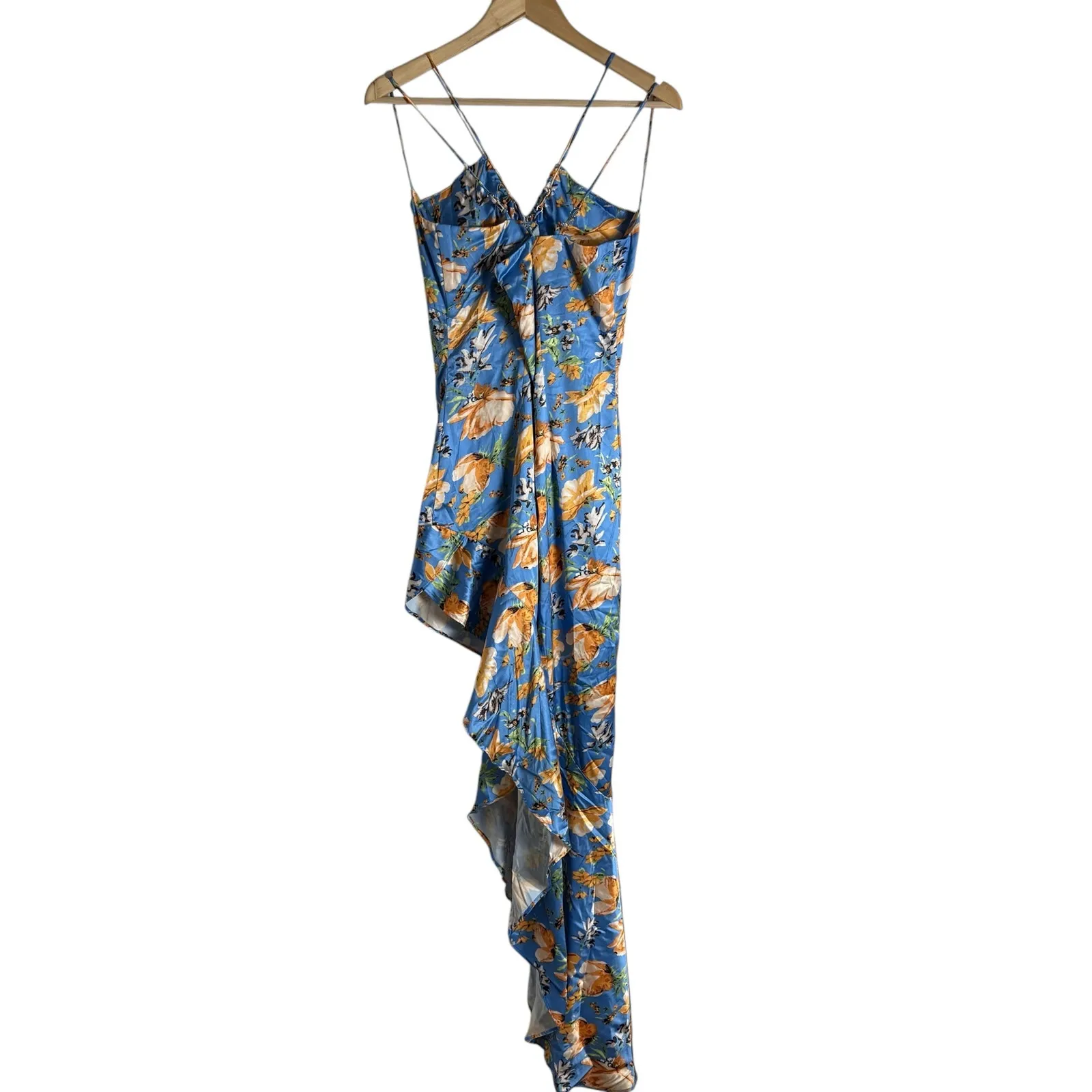 Nookie Simone Blue Floral Satin Asymmetrical Ruffled Cut Out Cocktail Dress L - Image 15