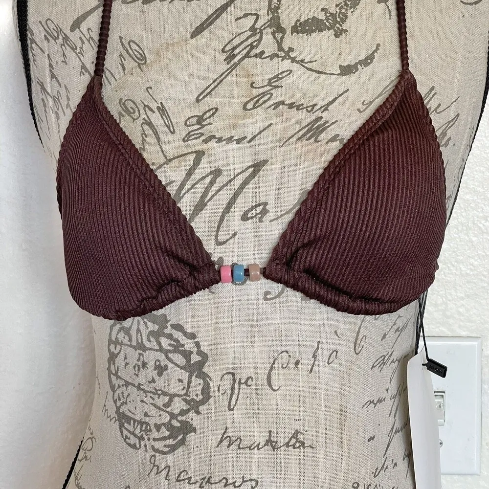 Motf Shein Bikini Bra Top Brown Ribbed Size XS Back Tied Beads Padded NWT Summer - Image 5