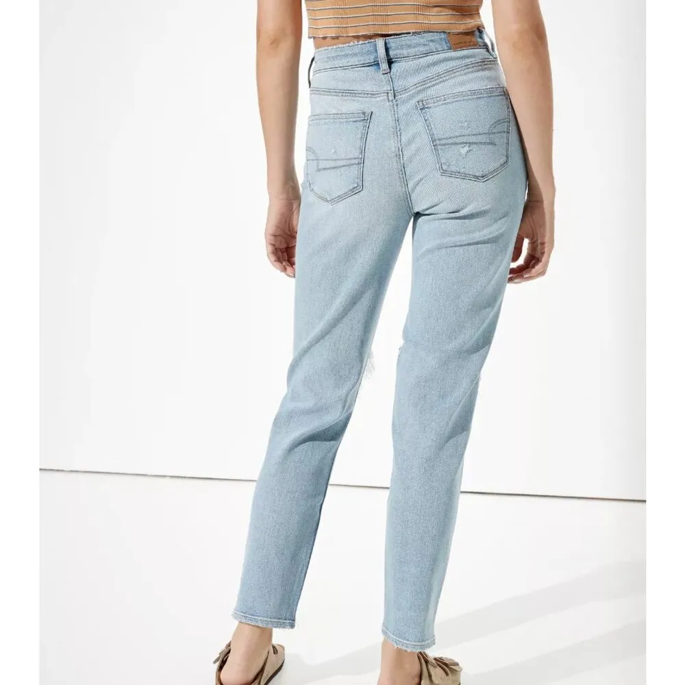 AMERICAN EAGLE AE Stretch Ripped Mom Jean Light Wash High Waisted Distressed 2 - Image 4