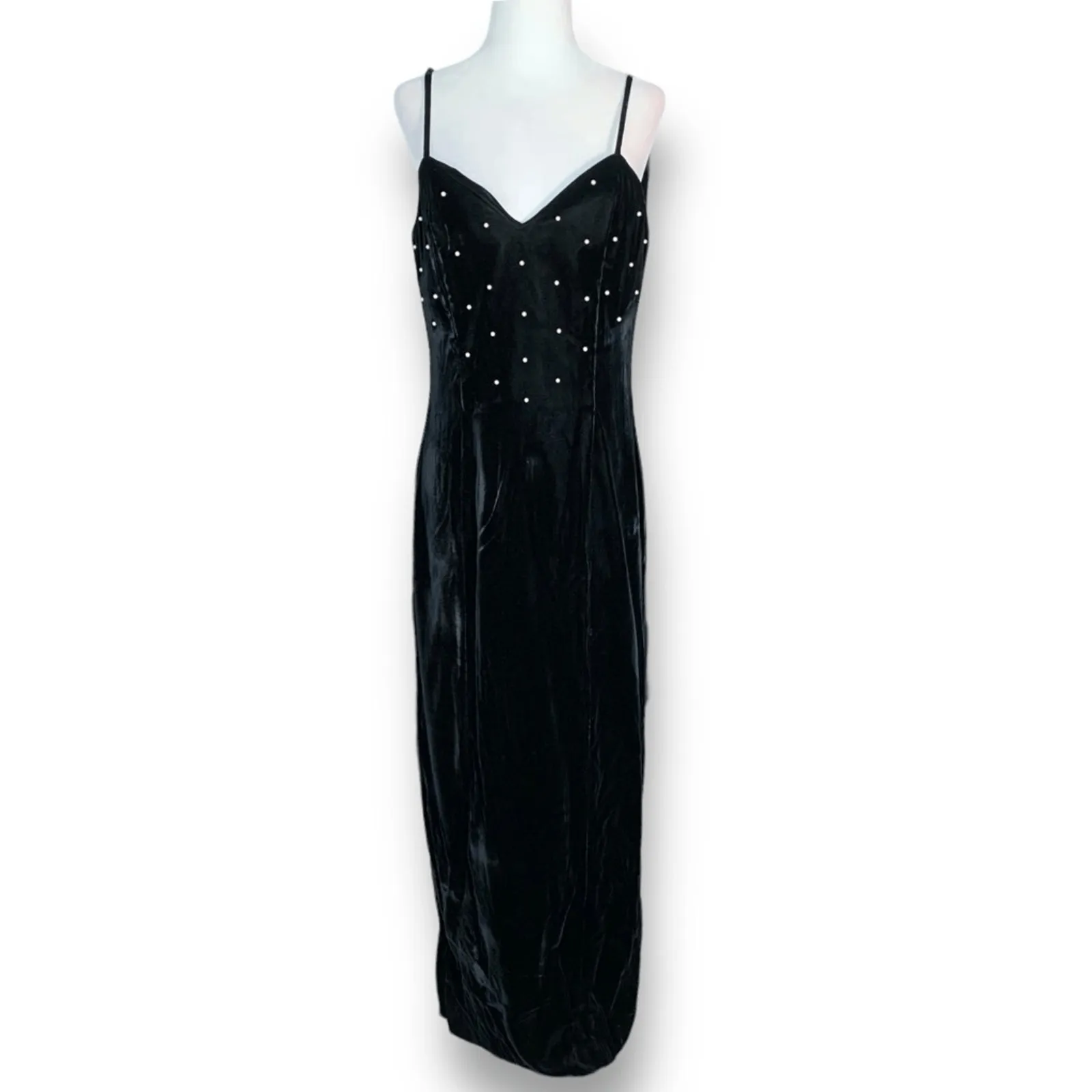 Vintage 90s Velvet Pearl Studded Black Maxi Column Dress Deep Vneck Made In USA Size M - Image 2