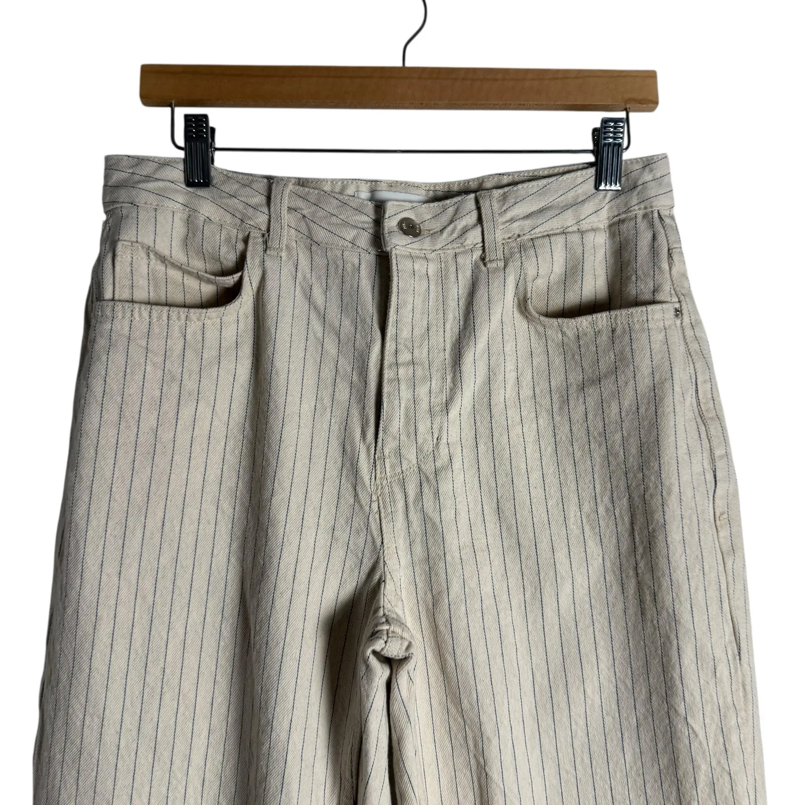 Zara Cream Blue Pinstripe High Rise Straight Leg Denim Jeans Preppy Size 8 - Image 2