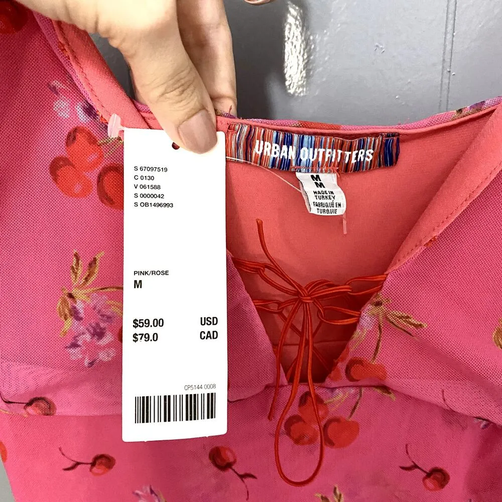 NEW Urban Outfitters Pink Cherry Mesh Summer Bright Side Lace-up Mini Dress M - Image 5