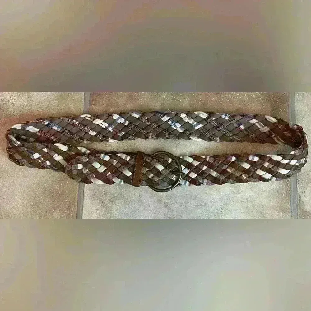 Cottagecore woven brown vegan leather plaid braided festival boho belt; 45” long - Image 2