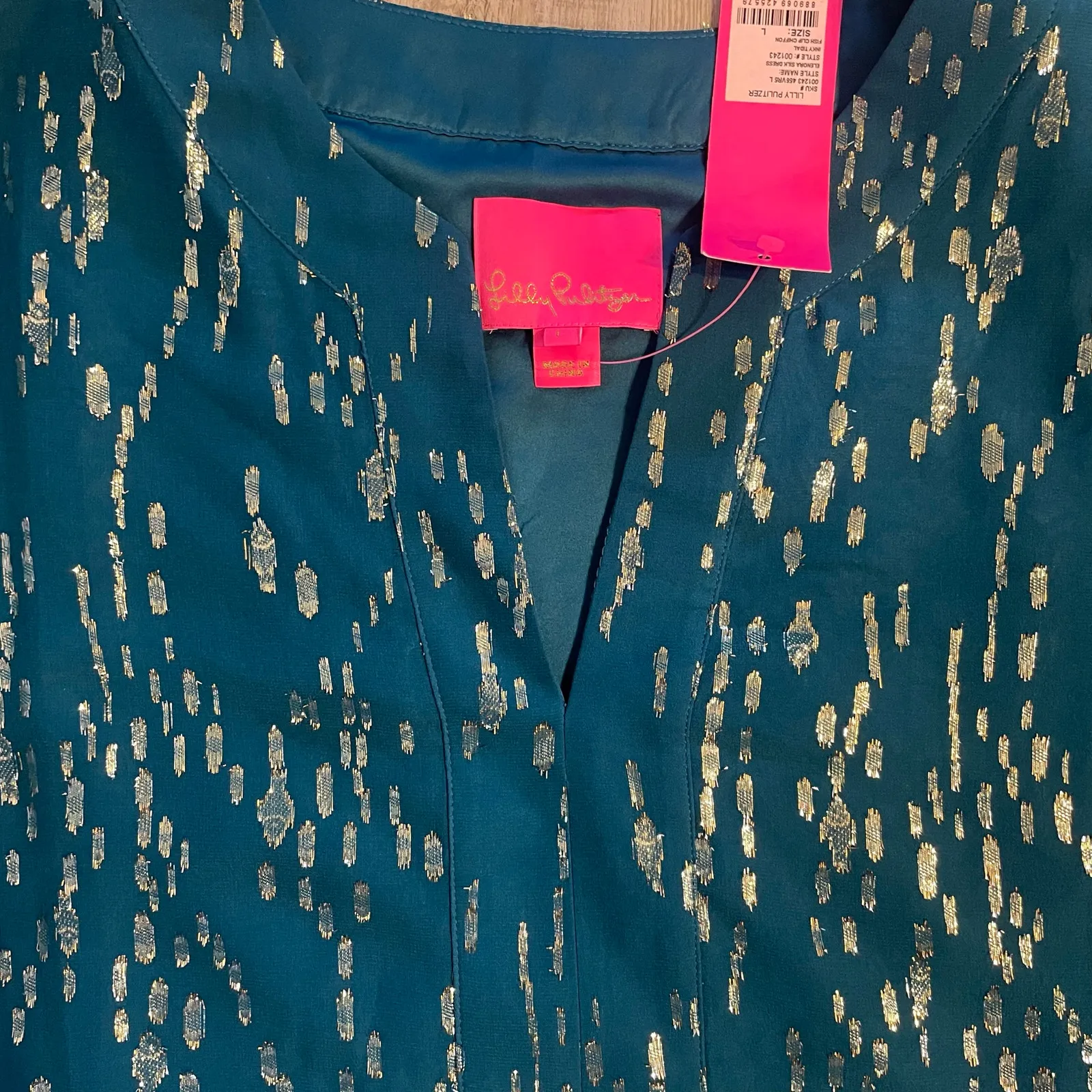 NWT Lilly Pulitzer ELENORA SILK DRESS Inky Tidal Fish Clip Chiffon Teal Size L - Image 6